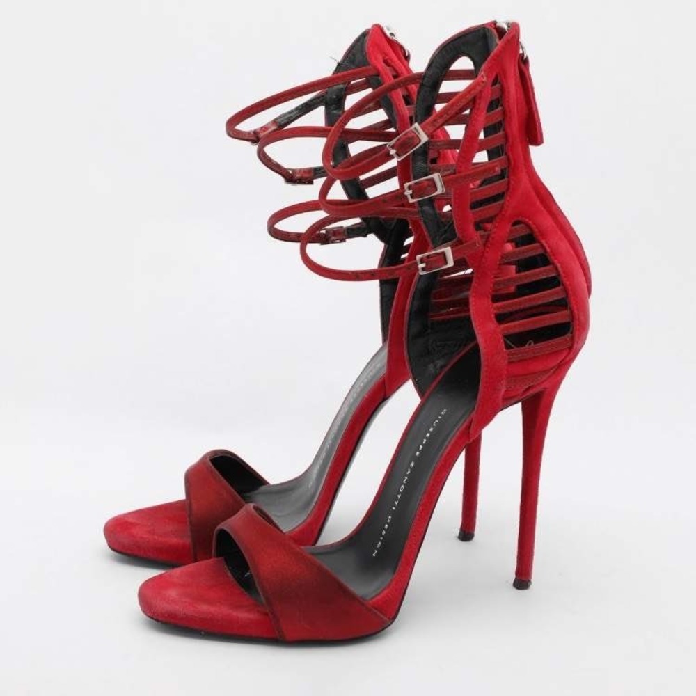Giuseppe Zanotti Red Suede Metallic‎ Satin Cage Stiletto Sandals Heels Size 38